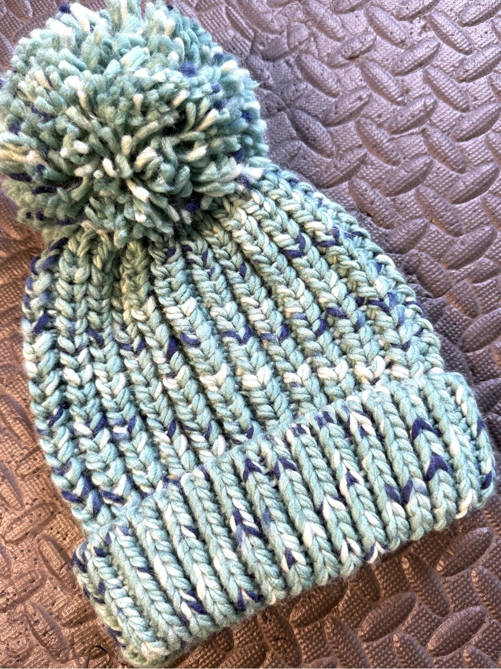 Green Blue Chunky Knit Beanie Hat Oversized Pom Pom Multicolor Winter Hat